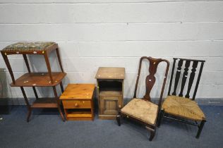 TWO PINE BEDSIDE CABINETS, along with a walnut occasional table, a needlework dressing stool, and