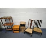 TWO PINE BEDSIDE CABINETS, along with a walnut occasional table, a needlework dressing stool, and