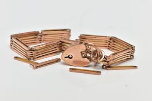 AN 9CT GOLD GATE BRACELET, (A/F), broken, polished rose gold five bar gate bracelet, stamped 9ct to
