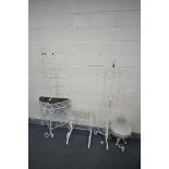 A QUANTITY OF WHITE PAINTED WROUGHT IRON OCCASIONAL FURNITURE, to include a demi lune side table,