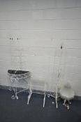 A QUANTITY OF WHITE PAINTED WROUGHT IRON OCCASIONAL FURNITURE, to include a demi lune side table,