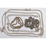 ASSORTED SILVER AND WHITE METAL CHAINS, to include a silver albert chain, elongated curb link chain,