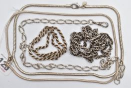 ASSORTED SILVER AND WHITE METAL CHAINS, to include a silver albert chain, elongated curb link chain,
