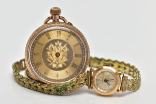 A 14CT GOLD OPEN FACE POCKET WATCH AND 18CT BUCHERER WATCH HEAD WITH YELLOW METAL STRAP, the