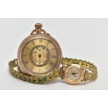 A 14CT GOLD OPEN FACE POCKET WATCH AND 18CT BUCHERER WATCH HEAD WITH YELLOW METAL STRAP, the