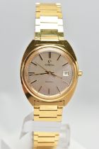 A GENTLEMANS GOLD PLATED OMEGA WRISTWATCH, the circular champagne dial, with baton hourly markers,