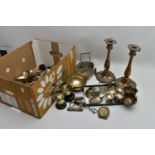 A BOX OF SILVER PLATE AND WHITE METAL WARE, to include a pair of silver plate on copper