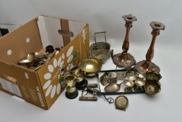 A BOX OF SILVER PLATE AND WHITE METAL WARE, to include a pair of silver plate on copper