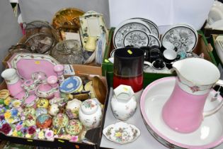 THREE BOXES OF CERAMICS AND GLASSWARE, to include eleven bone china flower baskets and pots, nine