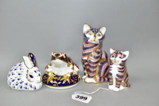 FOUR ROYAL CROWN DERBY PAPERWEIGHTS, comprising Kitten, gold stopper, Rabbit, gold stopper, Frog,