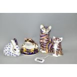 FOUR ROYAL CROWN DERBY PAPERWEIGHTS, comprising Kitten, gold stopper, Rabbit, gold stopper, Frog,