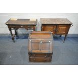 AN EDWARDIAN WALNUT MARBLE TOP WASHSTAND, width 92cm x depth 47cm x height 76cm, an Edwardian side