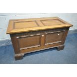 AN EARLY TO MID 20TH CENTURY OAK BLANKET CHEST, on bracket feet, width 97cm x depth 49cm x height