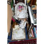 A BOX AND LOOSE DOLLS, DOLLS PRAM, AND VINTAGE CLOTHING, to include four collector's dolls by