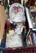 A BOX AND LOOSE DOLLS, DOLLS PRAM, AND VINTAGE CLOTHING, to include four collector's dolls by