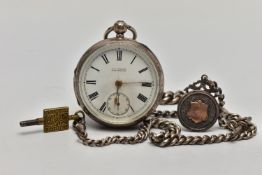 A LATE VICTORIAN SILVER POCKET WATCH AND AN EDWARDIAN SILVER ALBERT CHAIN, the open face pocket