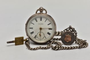 A LATE VICTORIAN SILVER POCKET WATCH AND AN EDWARDIAN SILVER ALBERT CHAIN, the open face pocket