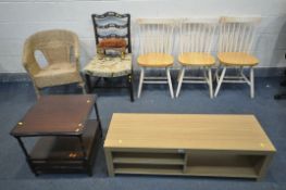 THREE PARTIALLY PAINTED AND BEECH SPINDLE BACK CHAIRS, a Georgian mahogany Chippendale style