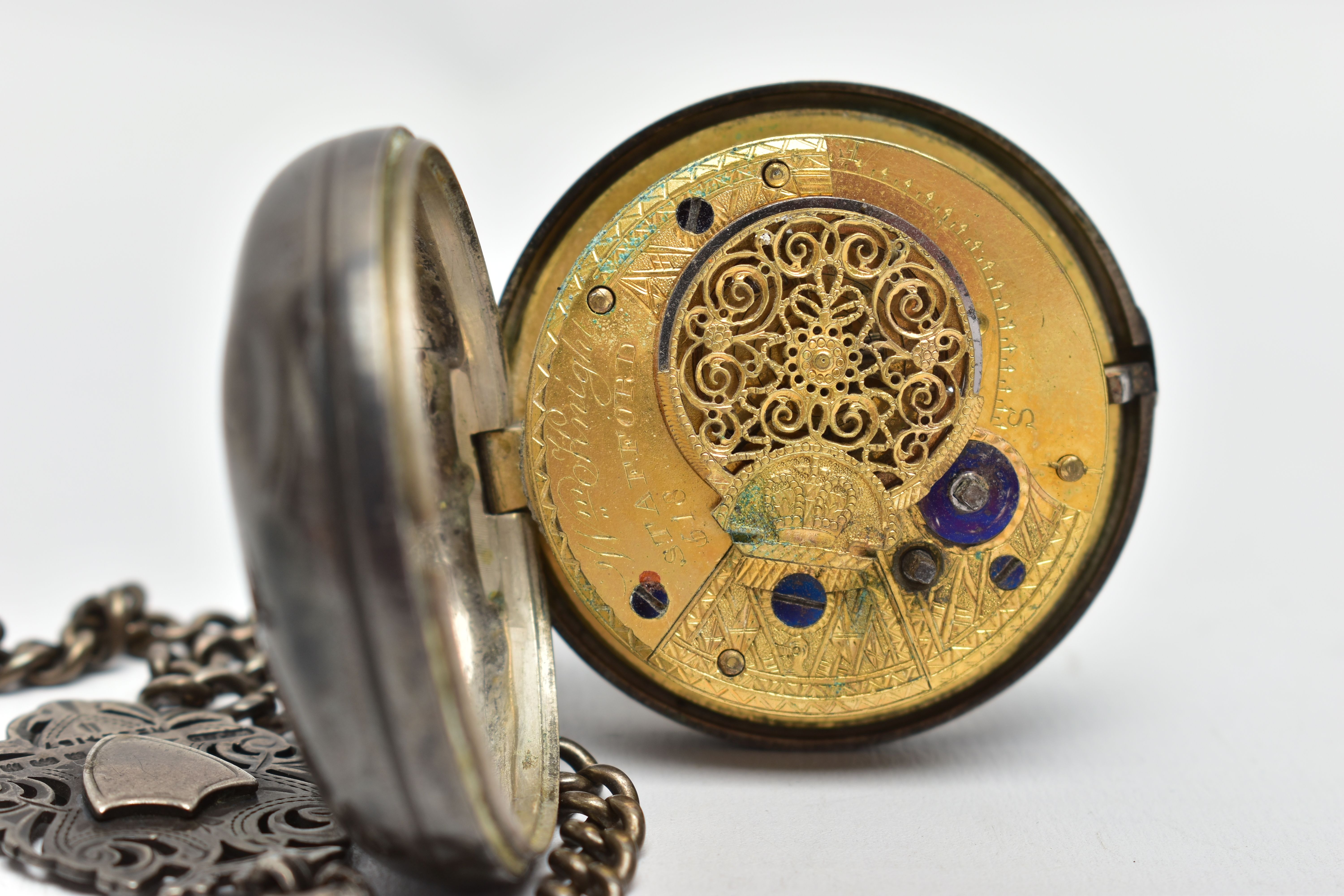 A SILVER OPEN FACE POCKET WATCH AND ALBERT CHAIN, key wound watch, white damaged ceramic dial, - Image 5 of 6