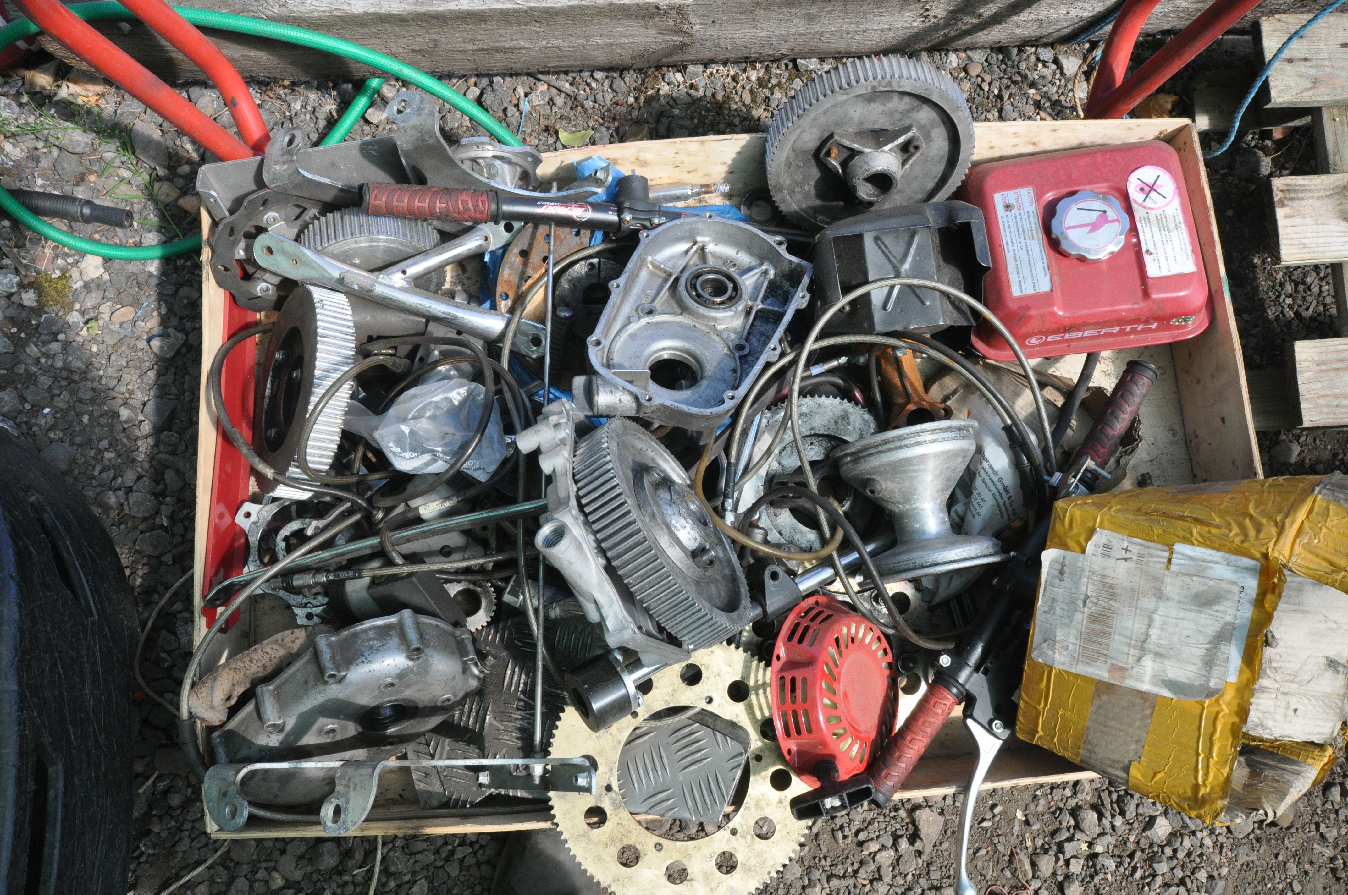 TWO PALLETS OF GO CART PARTS including petrol engine and electric components, cogs, gears, handle - Image 3 of 4