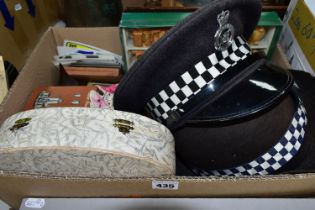A BOX OF POLICE OFFICER'S HATS, AND SUNDRY ITEMS, to include a Sussex Police cap, interior label '