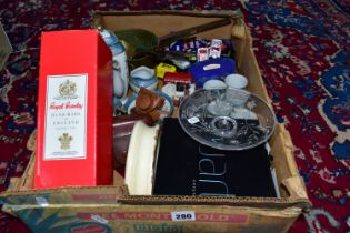 A BOX OF CERAMICS, GLASS WARES, DIE CAST VEHICLES, CAMERAS AND SUNDRY ITEMS, to include a boxed