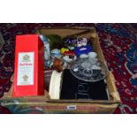 A BOX OF CERAMICS, GLASS WARES, DIE CAST VEHICLES, CAMERAS AND SUNDRY ITEMS, to include a boxed