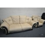 A CREAM LEATHER THREE PIECE LOUNGE SUITE, comprising a sofa, length 225cm x depth 95cm x height