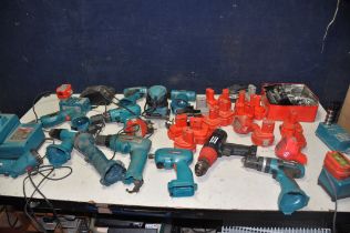 A LARGE COLLECTION OF DRILLS BATTERIES AND CHARGERS to include Makita, Atlas Copco (all UNTESTED)
