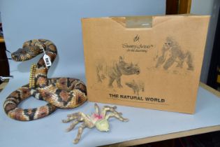 A BOXED COUNTRY ARTISTS MODEL OF A RATTLESNAKE AND A MODEL OF A TARANTULA, the coiled rattlesnake