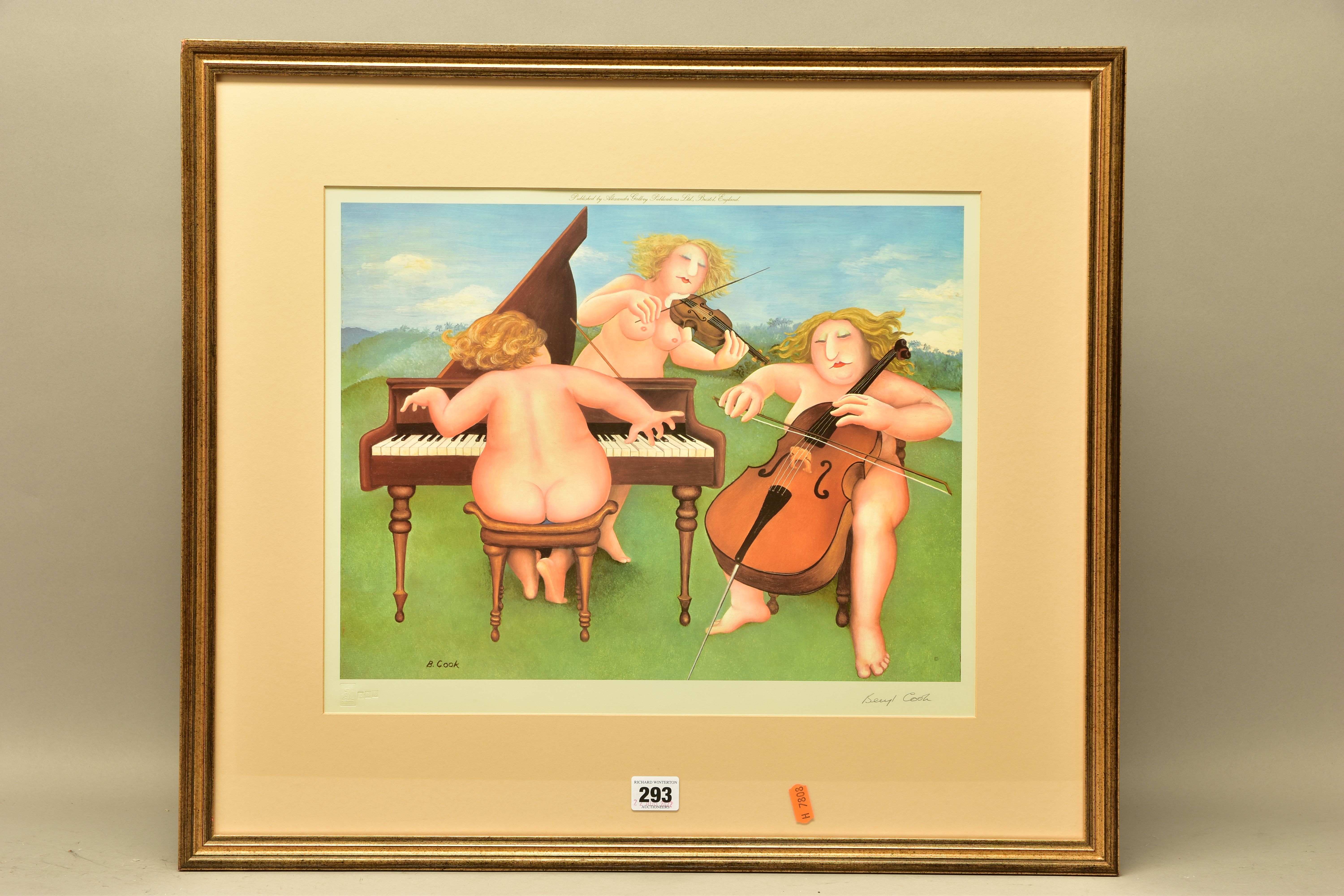 BERYL COOK ( BRITISH 1926-2008) 'MEADOW SUITE', three female figures are playing a piano, cello