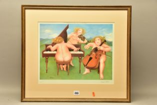 BERYL COOK ( BRITISH 1926-2008) 'MEADOW SUITE', three female figures are playing a piano, cello