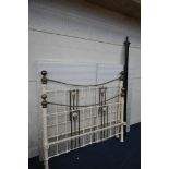 A VICTORIAN STYLE CREAM METAL AND BRASS 5FT BEDSTEAD