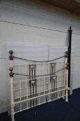 A VICTORIAN STYLE CREAM METAL AND BRASS 5FT BEDSTEAD