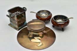 A SILVER INKWELL AND WHITE METAL ITEMS, a weighted wide base silver inkwell, with clear glass