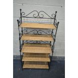 A WROUGHT IRON BAKERS RACK, with five wicker shelves, width 62cm x depth 32cm x height 122cm (good