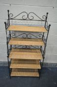 A WROUGHT IRON BAKERS RACK, with five wicker shelves, width 62cm x depth 32cm x height 122cm (good