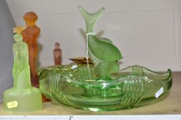 A GROUP OF ART DECO COLOURED GLASS FLOWER FROGS TOGETHER WITH THREE BOWLS, a green Josef Inwald