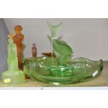 A GROUP OF ART DECO COLOURED GLASS FLOWER FROGS TOGETHER WITH THREE BOWLS, a green Josef Inwald