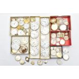 A BOX OF ASSORTED WATCH PARTS, a large selection of varying sized watch movements, dials and