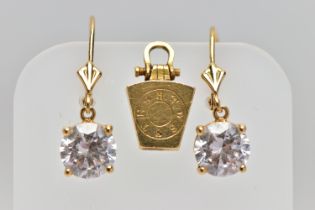 A YELLOW METAL MASONIC PENDANT AND A PAIR OF CUBIC ZIRCONIA EARRINGS, royal arch masonic pendant