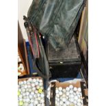 FISHING AND GOLFING INTEREST: THREE BOXES AND LOOSE EQUIPMENT, a quantity of used golf balls in