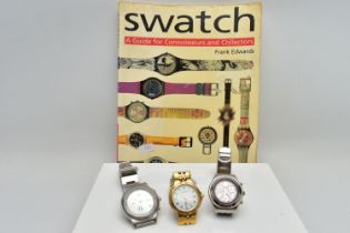 THREE WRISTWATCHES AND A BOOK, a yellow metal 'Accurist' wristwatch, a stainless steel 'Swatch'
