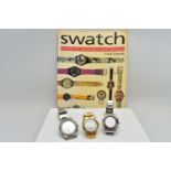 THREE WRISTWATCHES AND A BOOK, a yellow metal 'Accurist' wristwatch, a stainless steel 'Swatch'