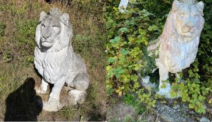 AN OPPOSING PAIR OF COMPOSITE SITTING LION GARDEN FIGURES on oval bases 160cm long and 46cm