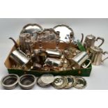 A BOX OF WHITE METAL WARE, to include a floral decorative teapot and coffee pot, a pair of three