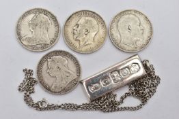 FOUR SILVER COINS AND A SILVER INGOT PENDANT WITH CHAIN, to include an Edward VII one florin coin