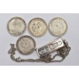 FOUR SILVER COINS AND A SILVER INGOT PENDANT WITH CHAIN, to include an Edward VII one florin coin