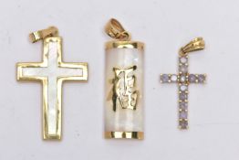 THREE YELLOW METAL PENDANTS, to include a 9ct gold tanzanite cross, hallmarked 9ct Sheffield, a