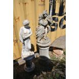 A WEATHERED COMPOSITE CLASSICAL GARDEN FIGURE, of a Romeo and Juliet, on a separate column, height
